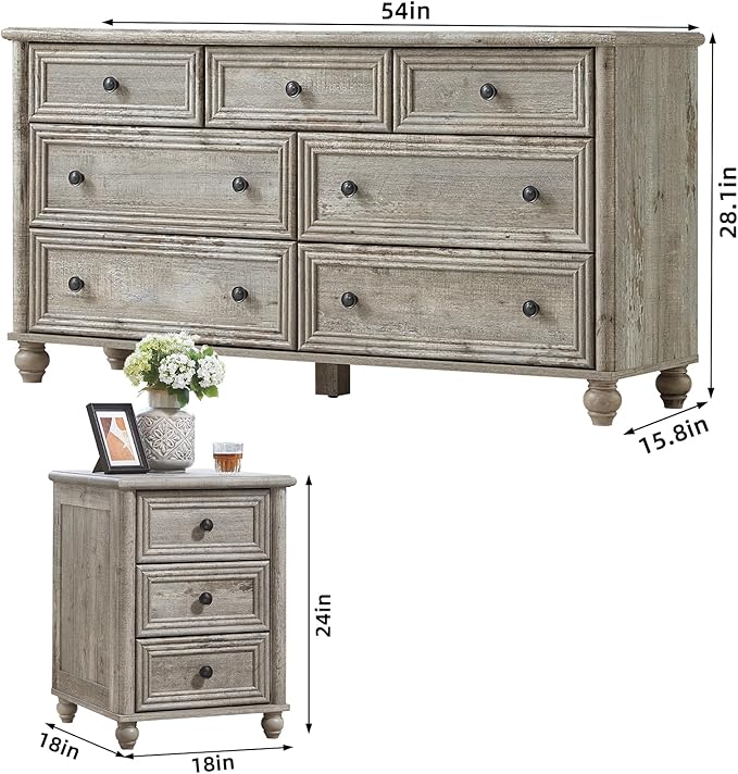 Farmhouse Dressers & Night Stand Set of 3, Wood 54'' Wide Dresser & 18'' Chest of Drawers, Roman Column Nightstand Set of 2, Furniture 7 Drawer Dresser Suites for Bedroom, Living Room, Hallway, Home