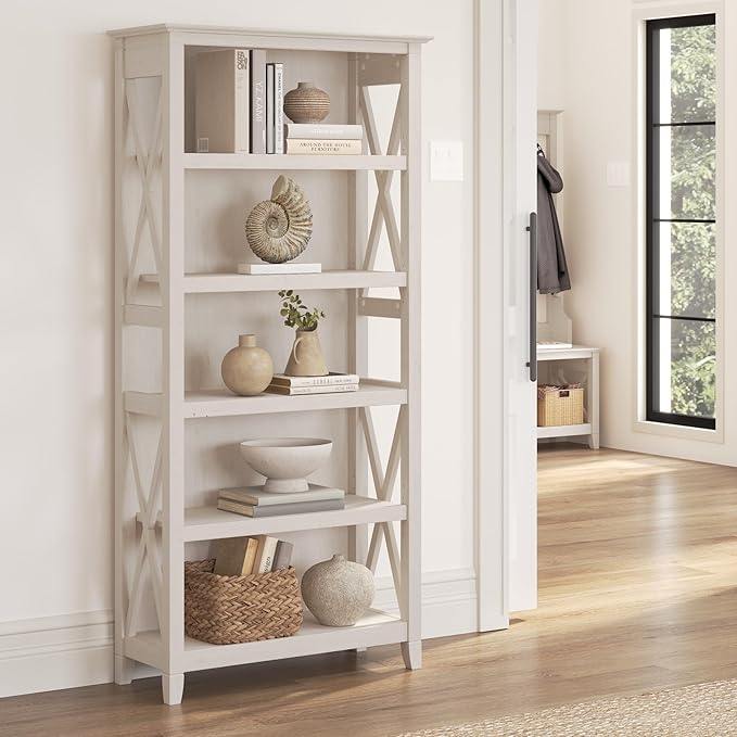 Bush Furniture Tall 5 Shelf Bookcase for Living Room or Home Office, Large Bookshelf, Modern Farmhouse Style, Key West Collection, Linen White Oak