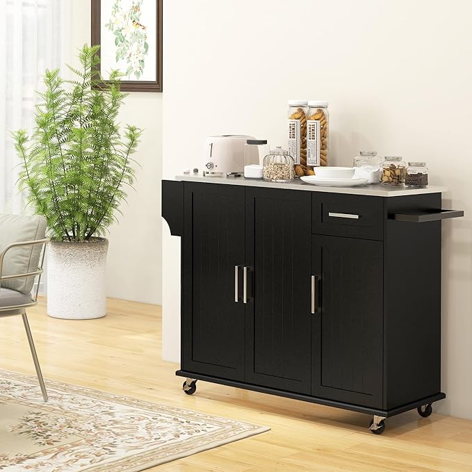 HOMCOM Kitchen Island with Storage, Rolling Kitchen Island on Wheels with Drawer, 3 Cabinets, Stainless Steel Countertop, Spice Rack and Towel Rack, Black