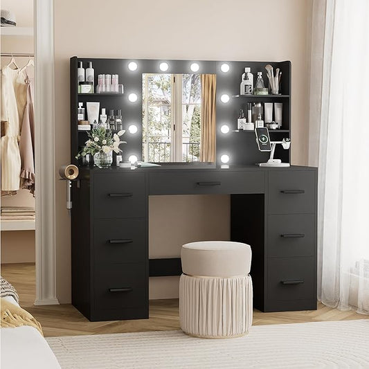 YESHOMY Vanity Desk with Mirror, Power Outlet and 10 Lights, Makeup Table with 7 Drawers, 3 Color Modes Available for Bedroom, Dark Black