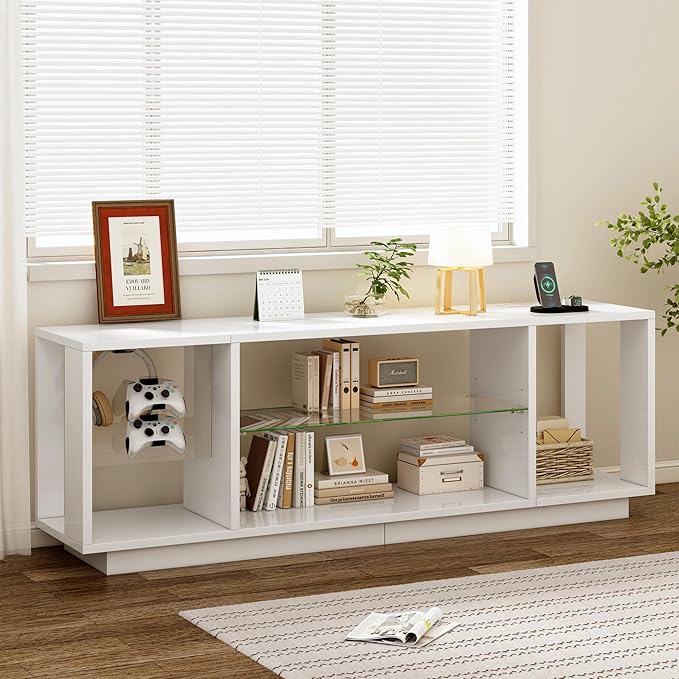 DlandHome LED TV Stand for TVs up to 60inch, Entertainment Center with Open Storage Shelves, TV Media Console Table for Bedroom, Living Room, White