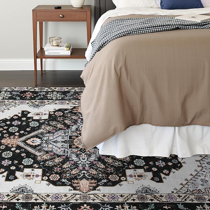 Vintage Area Rug 5x8 Rugs, Machine Washable Rug Non-Slip Low Pile Large Rug for Living Room, Bedroom, Farmhouse, Dining Room, Black