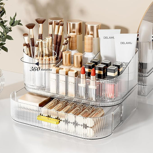 Delamu Makeup Organizer for Vanity with Stackable Drawers, 360 Rotating Makeup Brush Holder Large Cosmetic Display Case for Dresser, Bathroom Countertop Skincare Organizers and Storage, Crystal Clear