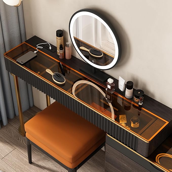 Lartis Makeup Vanity with Stool, Very Easy to Assemble,Retractable TV Cabinet Combination, Dressing Table Desk in one, Super Storage