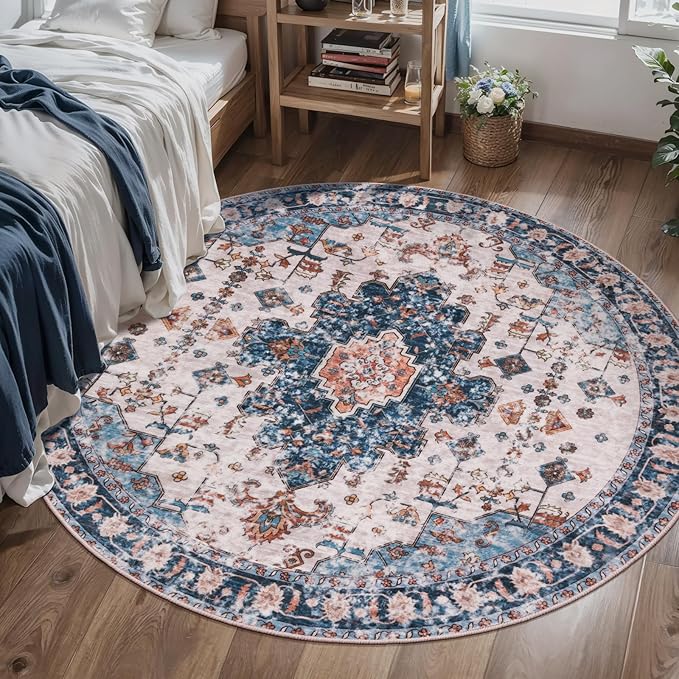 Tangsoo Vintage Round Rug 4ft, Washable Circle Rug, Non Slip Small Boho Round Rug, Low Pile Circular Rugs, Round Carpet for Bedroom,Entryway,Nursery,Dorm,Kitchen,Blue/Orange