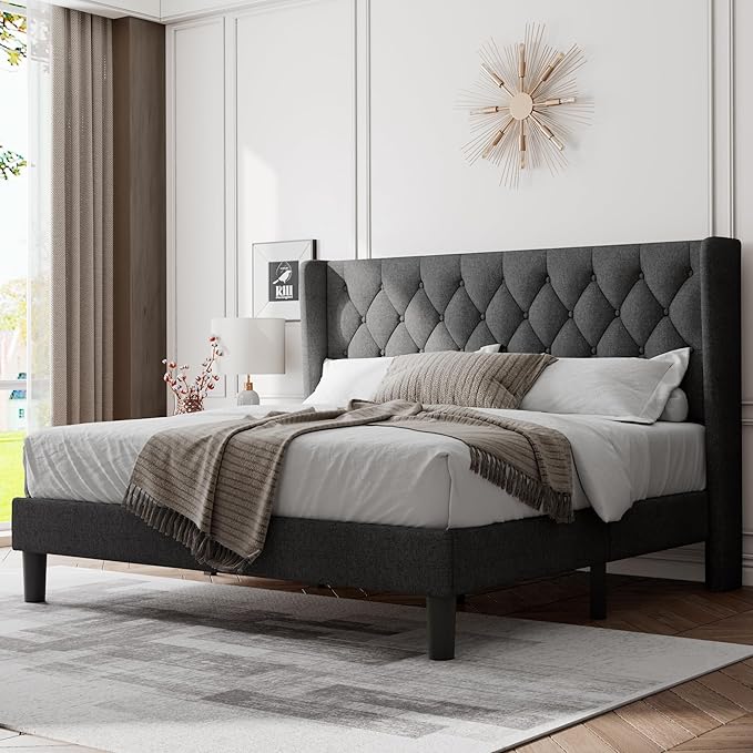 Feonase King Size Bed Frame with Wingback Tufted Headboard, Upholstered Platform Bed Frame with Heavy Duty Wooden Slats Support, Noise-Free, No Box Spring Needed, Easy Assembly, Dark Grey