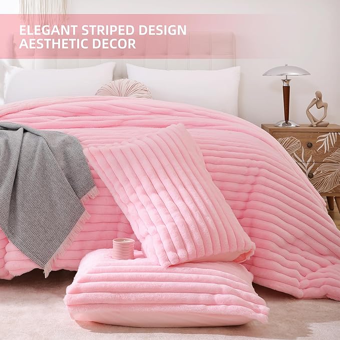 Smoofy Fluffy King Size Comforter Set 3 Pieces - Pink Fleece Fluffy Comforter Set, Luxury Fuzzy King Bedding Set, Soft King Bed Set All Season, Heavy Faux Fur Comforter with 2 Pillow Cases