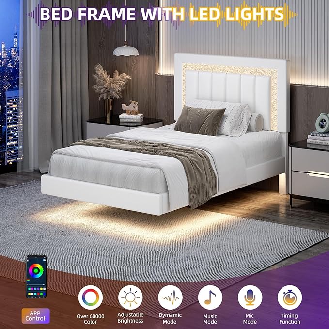 HOMBCK Floating Twin Bed Frame with Smart LED Lights, Faux Leather Upholstered Platform Bed with Diamond Headboard, No Box Spring Needed, Noise-Free, Easy Assembly, White