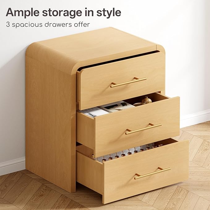 Curved 3-Drawer Nightstand Dresser Set of 2, 23.6'' Wide Modern Wood Bedside Tables with Long Metal Handles, Large Storage End Tables for Bedroom, Office, Natural Oak