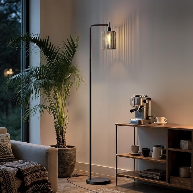 Oneach 66" Black Floor Lamp for Living Room, Boho Floor Lamp with LED Bulb, Foot Switch, Gray Rattan Shade, Industrial Tall Farmhouse Standing Lamp for Bedroom, Dining Room, Study Room, Office