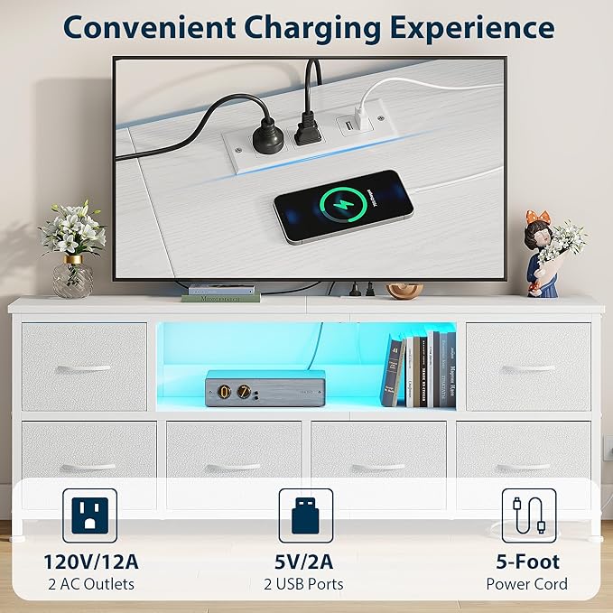 Lulive TV Stand for Living Room, LED White Dresser for Bedroom with 6 Fabric Drawers,43 55 60in TV Stand with Power Outlet, Entertainment Center with Open Shelf