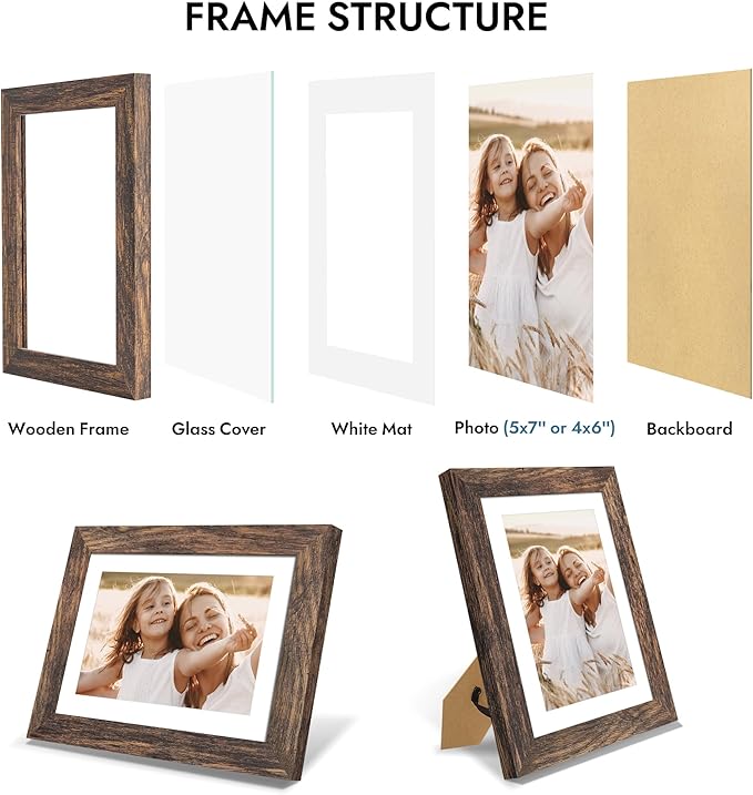 5x7 Picture Frame with Glass, Display Pictures 4x6 with Mat or 5 x 7 without Mat - Wall and Tabletop, 5 by 7 Photo Wooden Frames (Rustic Brown, 1 Pack)