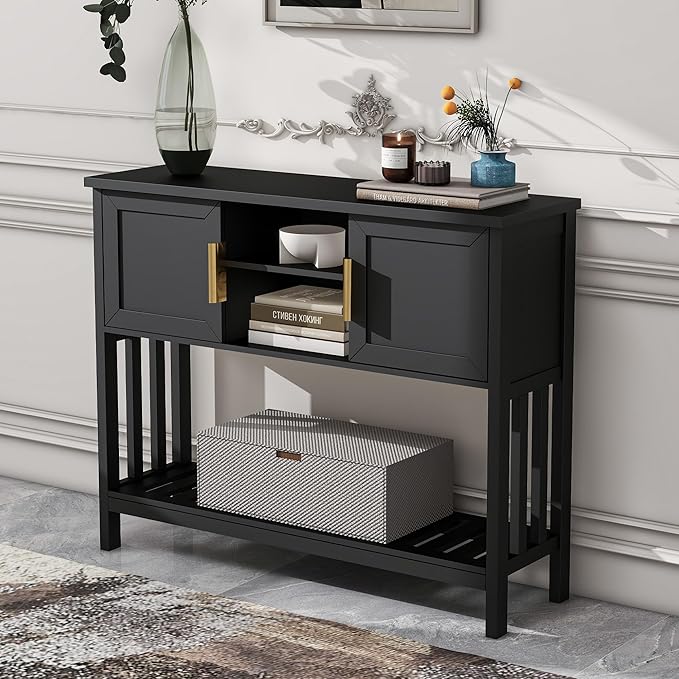 Entryway Console Table with 2 Doors & Storage & Shelf, Sofa Table Entrance Entry Way Table, Hallway Foyer Behind Couch Table (Black with 2 Doors)