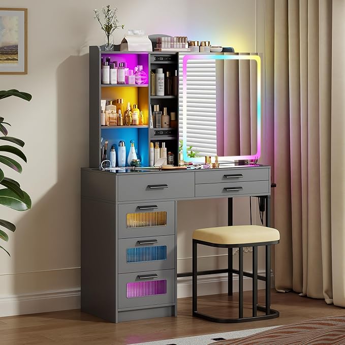 RGB Vanity Desk with Sliding Mirror and Lights,Makeup Vanity with Charging Station,LED Vanity Table with Glass Top,Girls Vanities Dressing Table Set with Stool&6 Drawers for Bedroom(Black