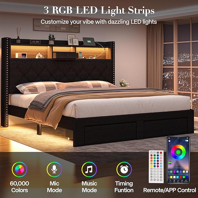 Queen Size Bed Frame, Linen Storage Headboard with LED Light & Charging Station, Upholstered Platform Bed with 2 Storage Drawers, Steel Slats Support, No Box Spring Needed, Black