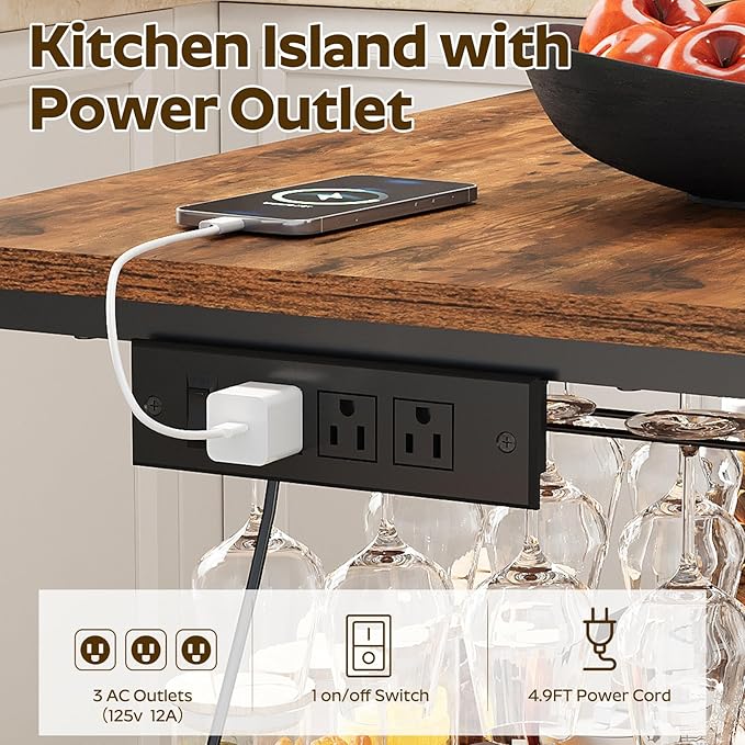 Kitchen Island with 3 Shelves, Kitchen Island with Power Outlet, Kitchens Storage Rack with 4 S Hooks, Microwave Stand Coffee Bar Station for Dining Room, Rustic Brown and Black KIHR91E01