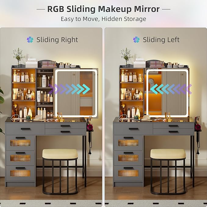 RGB Vanity Desk with Sliding Mirror and Lights,Makeup Vanity with Charging Station,LED Vanity Table with Glass Top,Girls Vanities Dressing Table Set with Stool&6 Drawers for Bedroom(Grey)