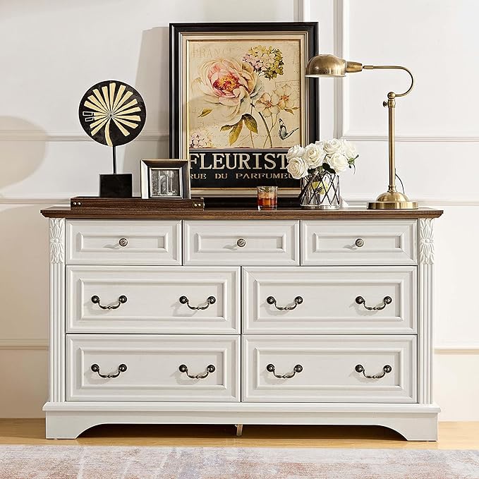 BLANKSPACE Antique White Dresser for Bedroom, Farmhouse 7 Chest of Drawers Cabinet Organizer with Carved Design