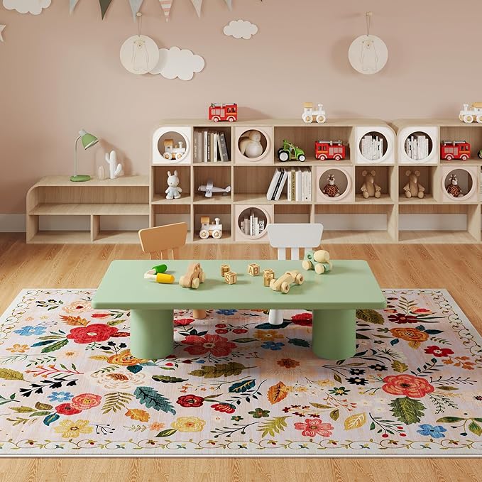 Living Room Rug 5x7 Rug Machine Washable Boho Area Rug Non Slip Floral Vintage Low Pile Large Rugs for Living Room, Bedroom, Farmhouse, Dining Room, Kids Playroom(Beige)