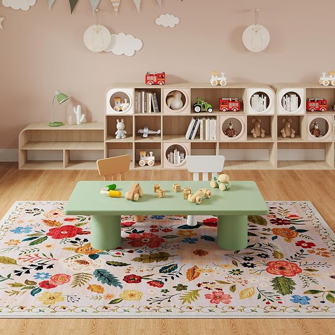 Area Rugs 8x10 Rug for Living Room Clearance Washable Boho Area Rug Non Slip Floral Vintage Low Pile Large Rug for Living Room, Bedroom, Farmhouse, Dining Room, Kids Playroom(Beige)