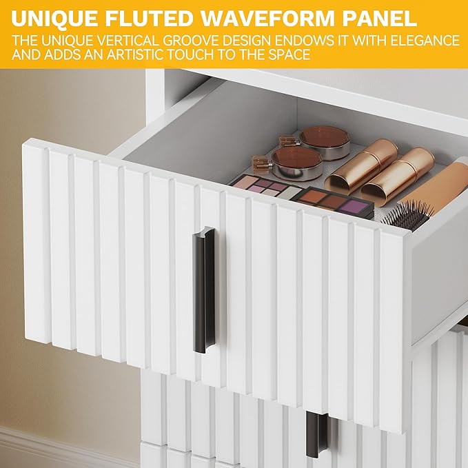 YITAHOME Fluted Makeup Vanity Desk with Mirror & Power Outlet, Vanity Table Set with Hidden Storage, Makeup Desk with 4 Drawers, 3-Color LED Lighted Dressing Table with Storage Cushion Stool, White