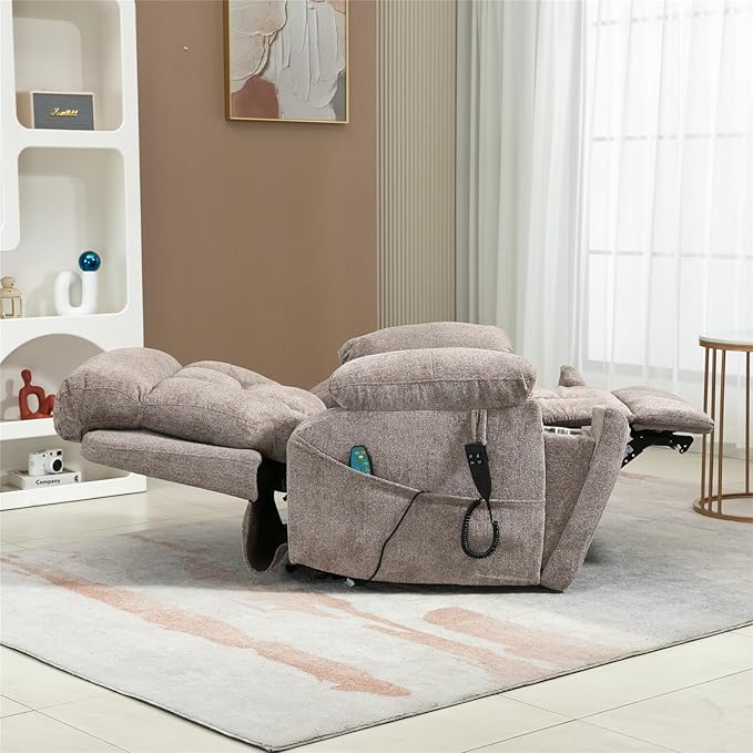 180 Degrees Lay Flat Recliner Chair with Heat and Massage and Cup Holder, Dual OKIN Motors Overstuffed Wide Lift Chairs Recliners for Elderly (Light Brown)