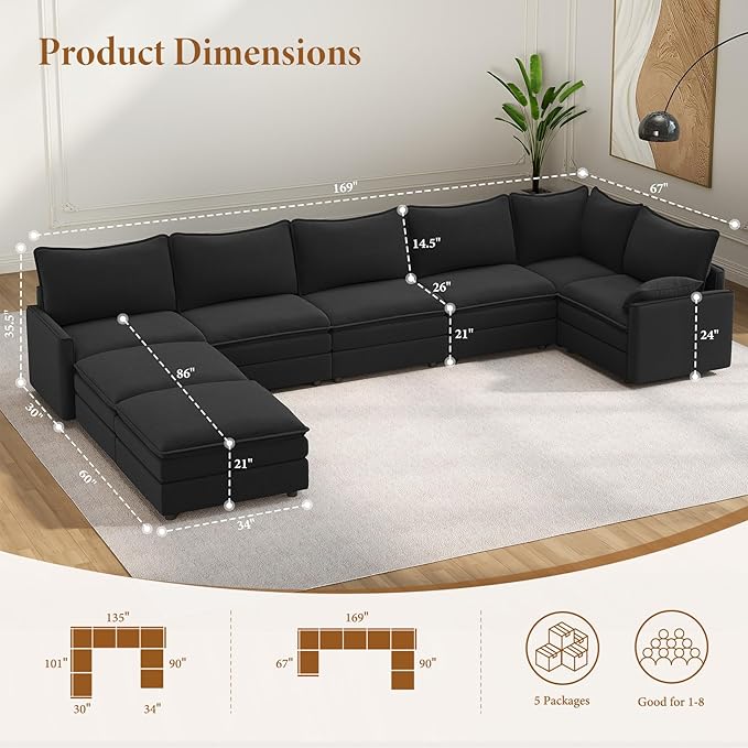 Vesgantti Large Modular Sectional Sofa, Big Comfy Cloud Couch with Ottoman Deep Seat Chenille Cloud Sofa, 8 Seater Large Sectional Couches for Living Room, Bedroom and Apartment, Black