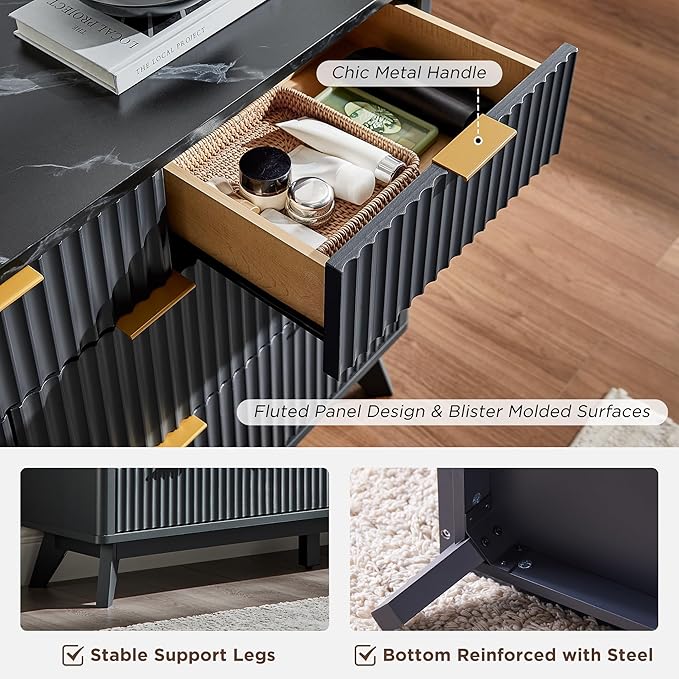 T4TREAM Fluted 7 Drawers Dresser, 54" Wide Modern Chest of Drawers with Faux Marble Top, Curved Profile Design, Dresser TV Stand, Wood Drawer Organizer for Bedroom, Living Room, Hallway, Dark Grey