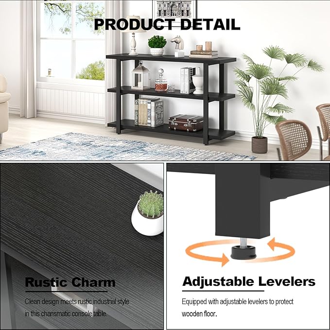 FOLUBAN Black Entryway Table, Modern Console Tables with 3 Tier Storage Shelves for Living Room, Wood and Metal Sofa Table for Hallway, Entrance, or Behind Couch, 47 Inch