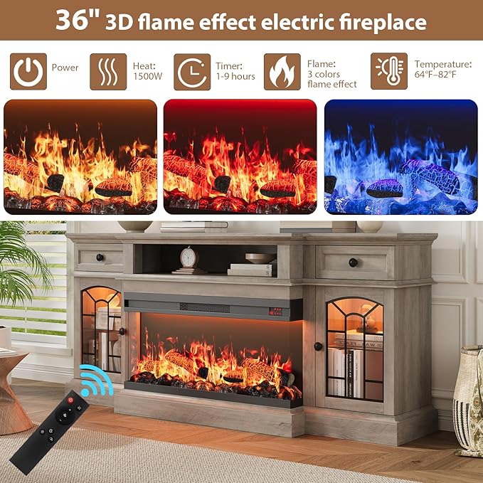 QUW 70" Farmhouse Fireplace TV Stand for TVs up to 80", Entertainment Center with 36" 3-Side Glass Electric Fireplace with Open Shelf and Cabinet, TV Console for Living Room, Grey