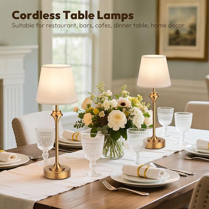 NIORSUN Portables Cordless Table Lamp Set of 2, Battery Operated Lamp, Bedside Table Lamp with Warm White,3 Way Dimmable Touch Desk Lamp for Bedroom Living Room Restaurant Whtie Shade (Gold)