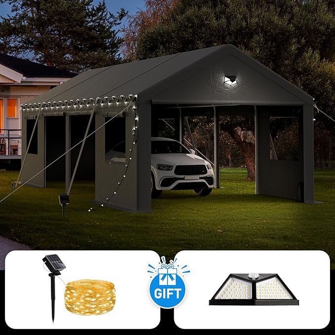 13x25 Carport Canopy, Heavy Duty Car Ports with Sidewalls, Portable Garage Carports with Roll Up Zipper End & Side Doors, Grey