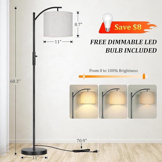 ROTTOGOON Dimmable Floor Lamp, Arc Floor Lamps for Living Room, Stepless Dimming Modern Standing Lamp with Linen Shade, Tall Lamp for Bedroom Office Dining Room- Black