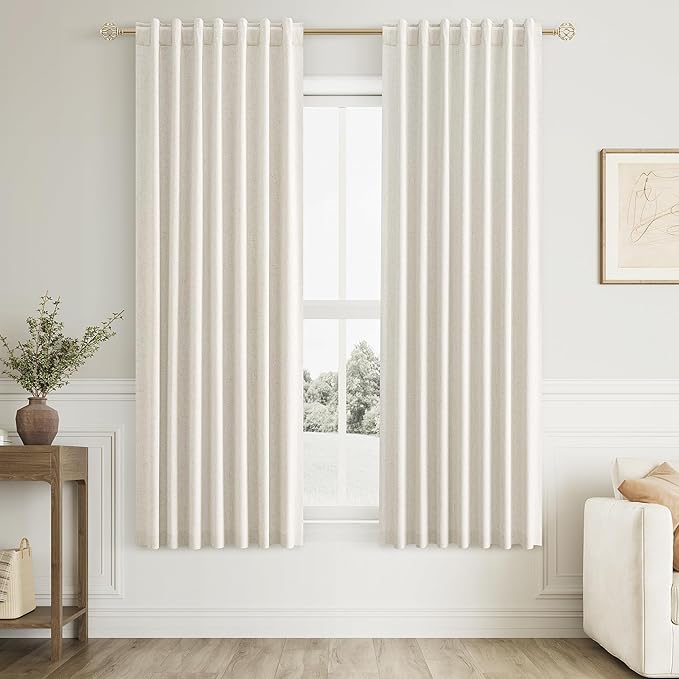 Guken Cream Linen Blackout Curtains 38 Inch Wide by 63 Inch for Living Room Bedroom Back Tab Thermal Insulated 100% Black Out Linen Drapes Room Darkening Window Curtains Ivory Natural