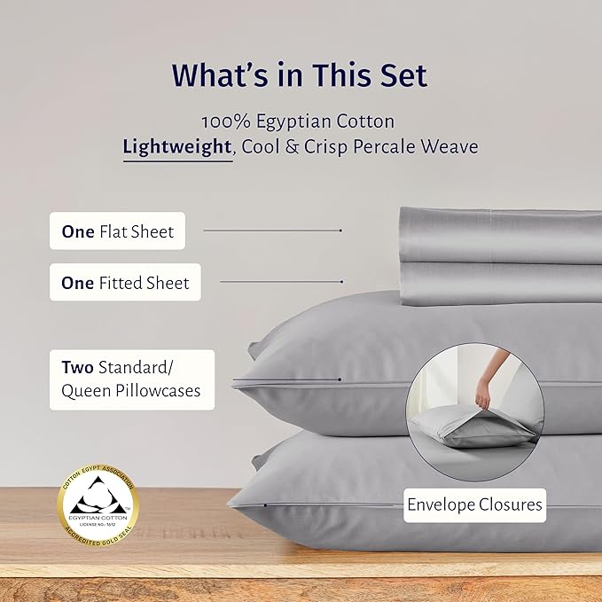 California Design Den Deep Pocket Full Size Sheets Set - Certified 100% Egyptian Cotton Percale Sheets, Cool, Crisp & Durable Luxury Bedding Set - Light Grey