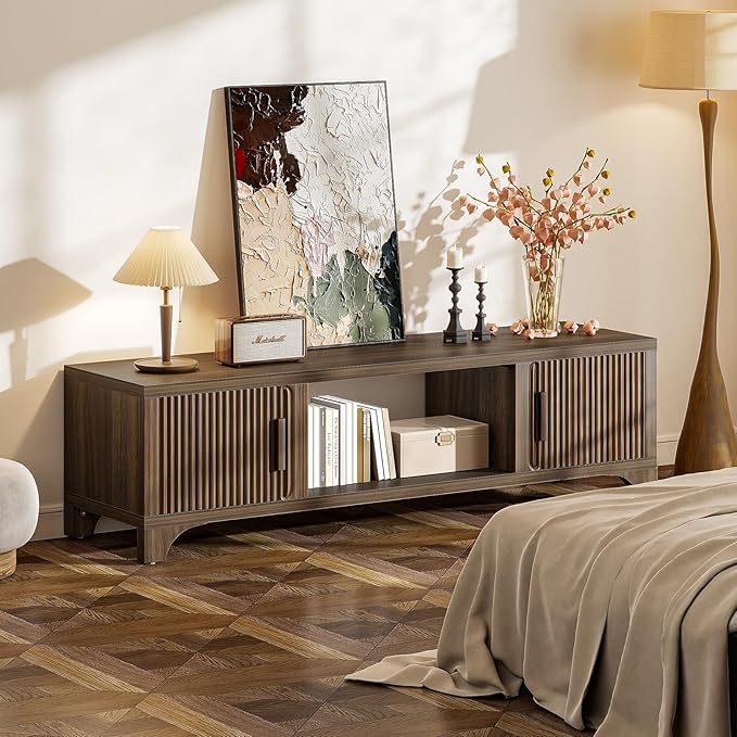 Mid Century Modern TV Stands for 55/60/65 Inch TV Boho Media Console for Living Room Fluted TV Entertainment Center with Storage Wood Television Cabinet for Bedroom