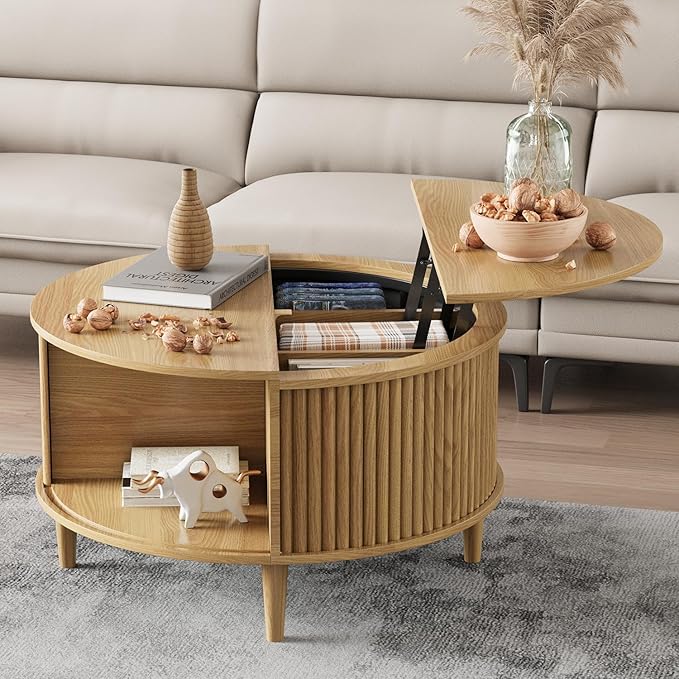 Round Coffee Table with Storage, Fluted Lift Top Coffee Table for Living Room, 31.5" Mid Century Modern Center Table with Sliding Cabinet Door, Natural Oak