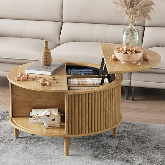 Round Coffee Table with Storage, Fluted Lift Top Coffee Table for Living Room, 31.5" Mid Century Modern Center Table with Sliding Cabinet Door, Natural Oak