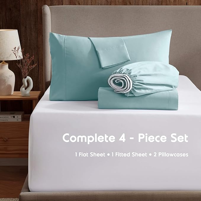 Nestl Short Queen Sheet Set - 1800 Ultra-Soft Microfiber - Double Brushed - Deep Pockets - Easy Fit - 4 Piece Set - Bed Sheets (Short Queen, Light Blue)