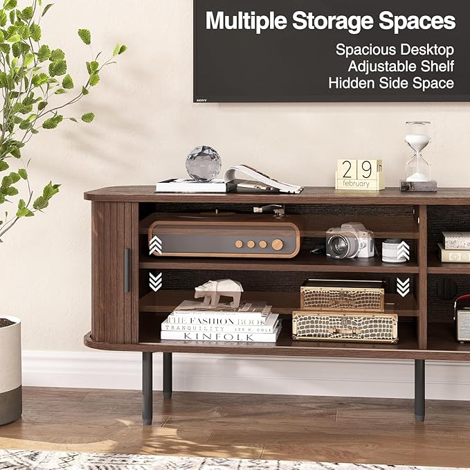 63" Mid Century Modern Fluted TV Stand for TVs up to 75 Inch, Gaming Entertainment Center with Tambour Slatted Sliding Doors, Media TV Consoles Table for Living Room, Walnut