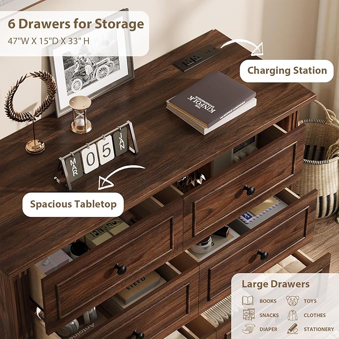 QUW Farmhouse 6 Drawer Dresser for Bedroom, 47" Wide Wood Chest of Drawers with Charging Station, Metal Handle, Modern Closet Clothes Storage Organizer for Living Room, Hallway, Entryway, Dark Walnut
