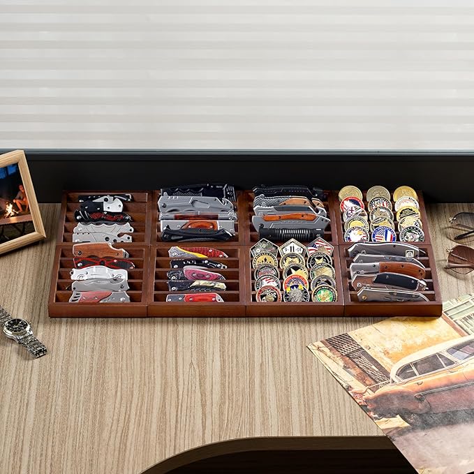 Knife Display Case Knife Holder for Pocket Knife Case Storage, Edc Tray Fits Edc Flashlight (Walnut,1 Pack)