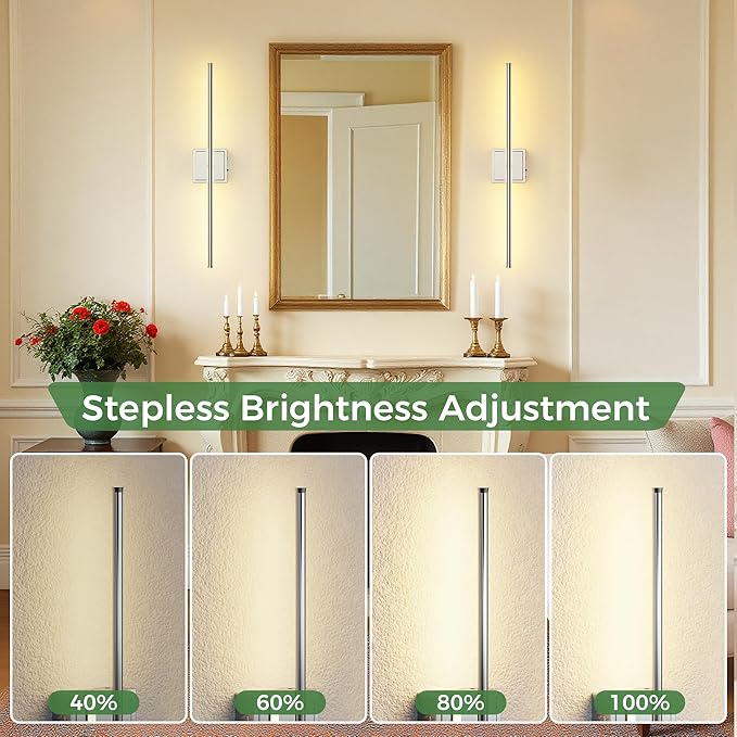 DORESshop Battery Operated Wall Sconces Set of Two with Remote Control, Rechargeable Wall Sconce, 350°Rotate Dimmable Wireless Wall Sconce for Living Room, Hallway, Bedroom, 28.1 Inch, Chrome(2 Pack)