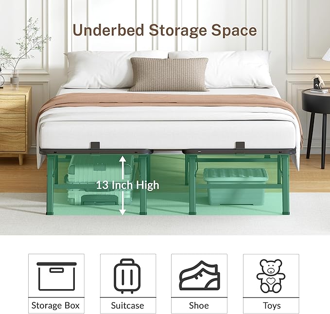 14 Inch Queen Metal Bed Frame Folding Bed Frame Tool-Free Assembly Mattress Foundation No Box Spring Needed Platform 2500lbs Heavy Duty Steel Slats, Noise-Free, Easy Assembly, Black