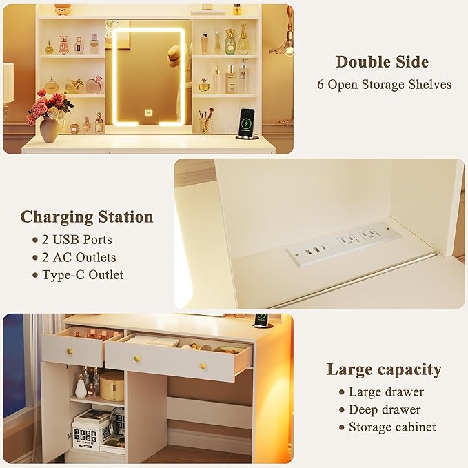 Vanity Desk with Mirror and Lights, 37" Makeup Vanity Desk with LED Lighted Mirror, Power Outlet, White Vanity with Storage Cabinet, 2 Drawers & 6 Shelves for Bedroom