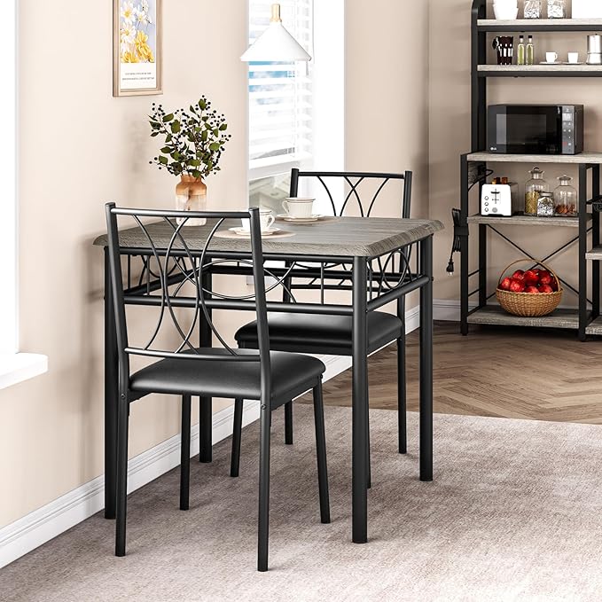 Dining Table Set for 2, Kitchen Table with 2 Upholstered Chairs, Wood 3-Piece Kitchen Dining Room Table Set for Apartment, Small Space, Space Saving, Retro Gary