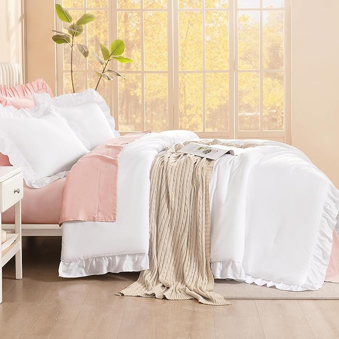 Litanika Super King Comforter Set White, 3 Pieces Boho Vintage Solid Ruffle White Comforter Bedding Set, Shabby Chic All Season Soft Lightweight Bed Set (120x120In Comforter & 2 Pillowcases)