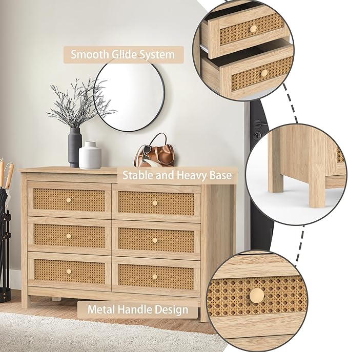 Farmhouse 6 Drawers Dresser, Wood Double Dresser Chest of Drawers Wide Storage Organizer Cabinet for Bedroom, Living Room, Natural