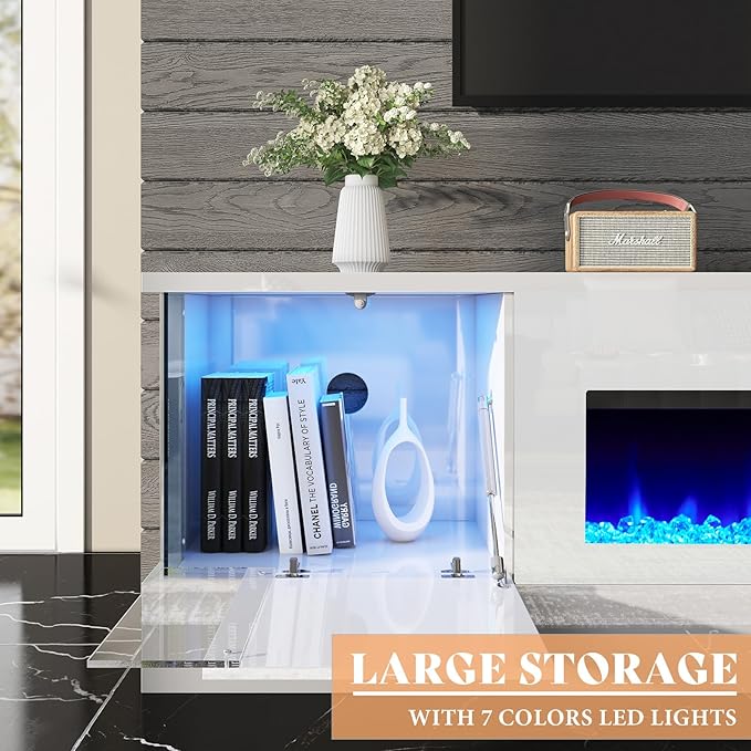 AMERLIFE High Gloss Fireplace TV Stand with 36" Fireplace, 70" LED Lights Entertainment Center with Flip Doors & Corner Glass Decor, Modern TV Console Table for TVs up to 80", Living Room, White&White