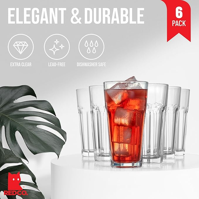 Red Co. Set of 6 Clear Glass 16 Fl Oz Drinking Highball Tumblers for Water, Juice, Beer, Cocktails